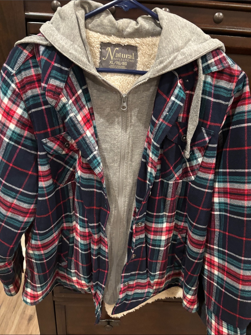 Natural Reflections Navy Plaid Hooded Utility Jacket with Gray Zip-In Liner